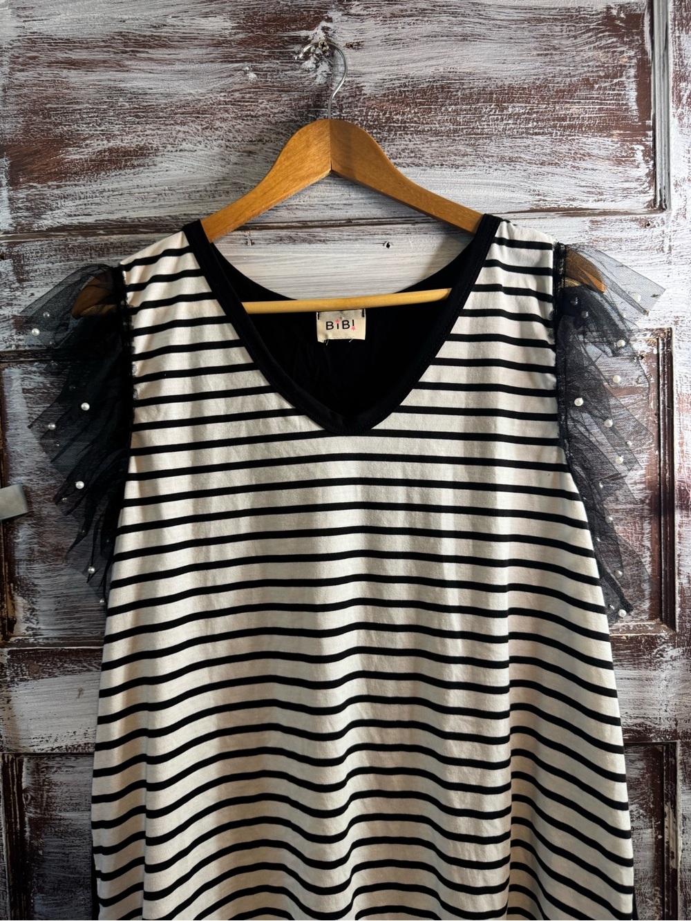 BiBi Black & White Striped Sleeveless Top with Pearl-Trim Tulle Ruffles - Picture 2 of 5